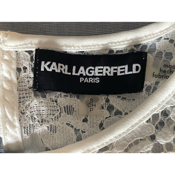 3-FOR-$30 Karl Lagerfeld Sz S Ruffle Sleeve Top Chambray Blue  White Lace - Picture 9 of 10